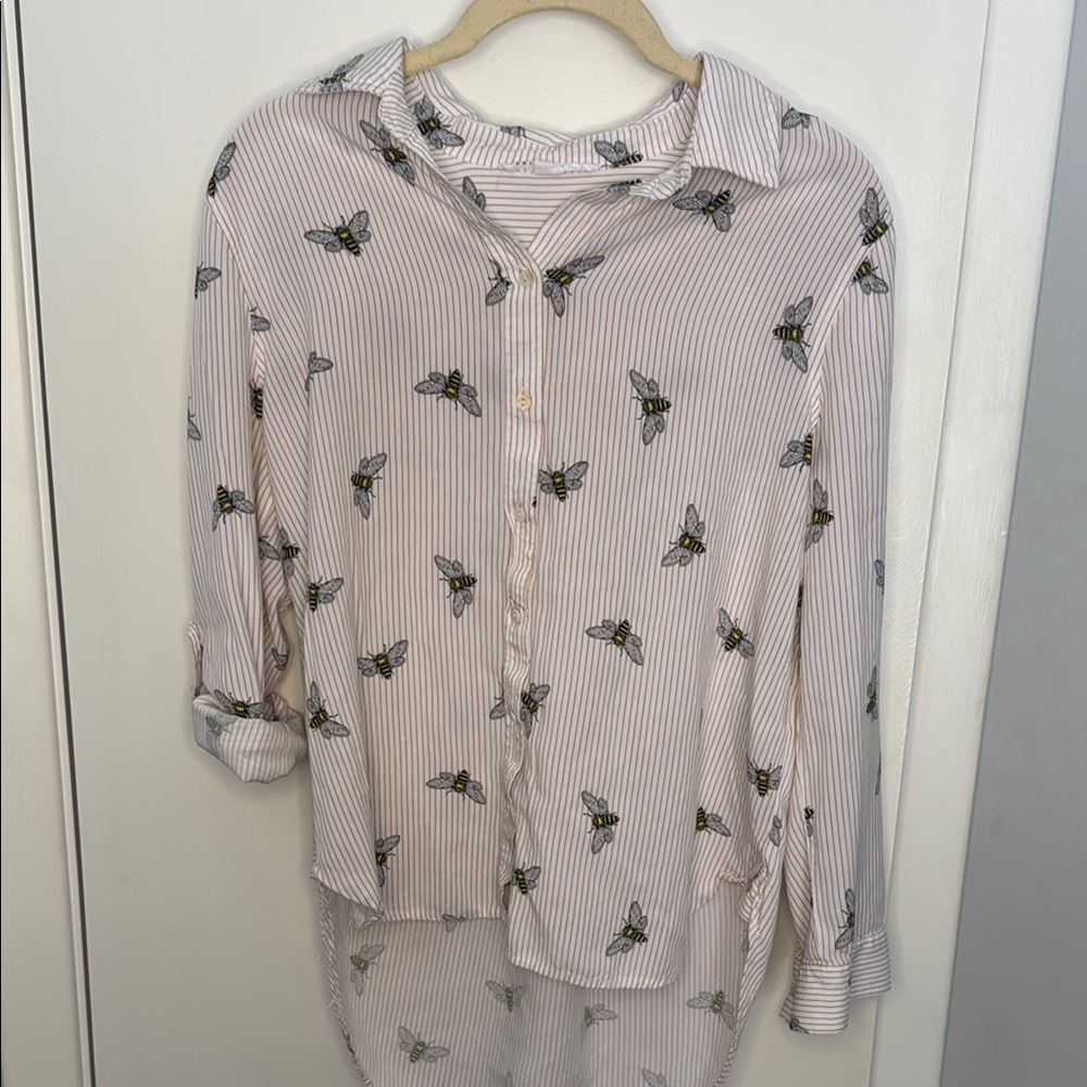 Striped Button-Up Shirt with Bee Print